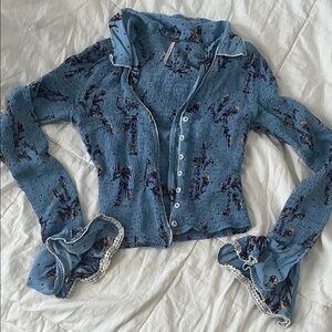 Free People Blue Floral Smocked Button-Front Long Sleeve Top